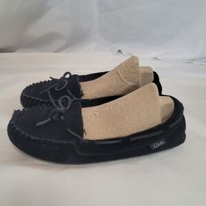Clarks Black Suede Leather Hard Sole Slippers Fauz Fur Lined Women's Size 11M